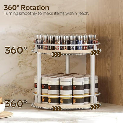 YATINEY Lazy Susan Organizer, Rotating Spice Rack, 2 Tier Spice Turntable Organizer, Industrial Turntable Spice Holder, for Kitchen Countertop, Compact and Versatile, White and Light Oak SR22WG