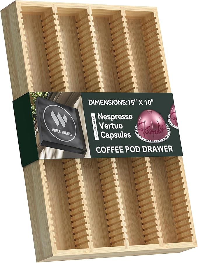 for Nespresso Vertuo Capsules - Premium Bamboo Coffee Pod Drawer Insert Organizer for Counter 15"Dx10"Wx1.5"H (40 Big or 52 Small pods)