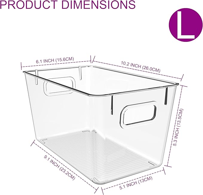 4 Pack Clear Plastic Storage Bins with Handles, Pantry Organizers & Storage Containers, Cabinet Organizer, Home Organization Must Haves for Kitchen, Laundry Room, Office, Closet, Garage & Freezer,L