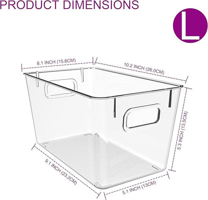 4 Pack Clear Plastic Storage Bins with Handles, Pantry Organizers & Storage Containers, Cabinet Organizer, Home Organization Must Haves for Kitchen, Laundry Room, Office, Closet, Garage & Freezer,L