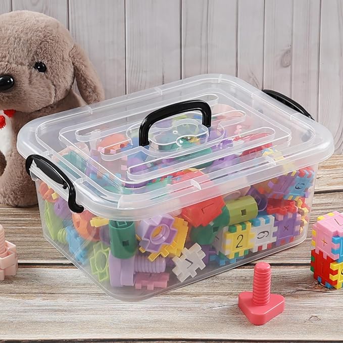 Quickquick 8 L Plastic Latching Box with Handle, Storage Latch Bins with Handles, Clear, 2 Packs