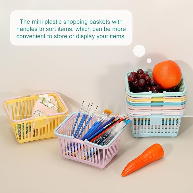 PATIKIL 6PCS Mini Shopping Basket, Small Plastic Basket Mini Storage Basket Grocery Tiny with Handles Organizer Filtered Water for Organizing Toys Eggs Fruits Snacks,Blue Yellow