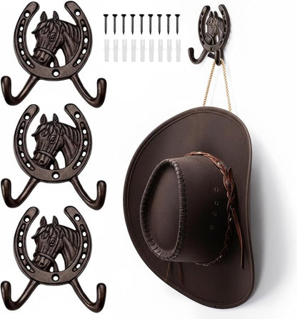 3 Pack Cast Iron Coat Hooks, Rustic Double Wall Hooks, Horse Head Horseshoe Hook, Wall Mounted Farmhouse Coat Hangers, Barn Storage Decor Gift with Screws for Towels, Hats, Keys, Bags, Caps