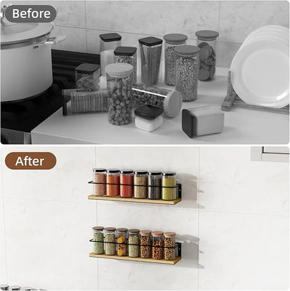 Spice Rack, Self-Adhesive or drilling, Rustic Style Hanging Spice Rack, Spice Organization for Cabinet Door or Wall Mount, Over The Stove, Kitchen Wall, 2-Pack, Wood Color