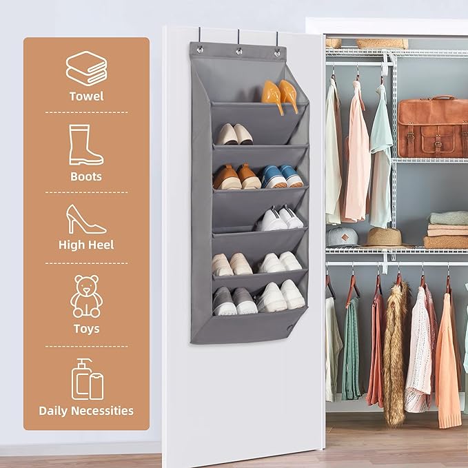 STORAGE MANIAC 2 Pack Over Door Shoe Organizers 6-Tier Large Pockets Hanging Organizers Shoes Rack Doors Closet Shoe Organizer Wall, Dorm & Narrow Doors Storage Shoe Holder Over Door Organizer Grey