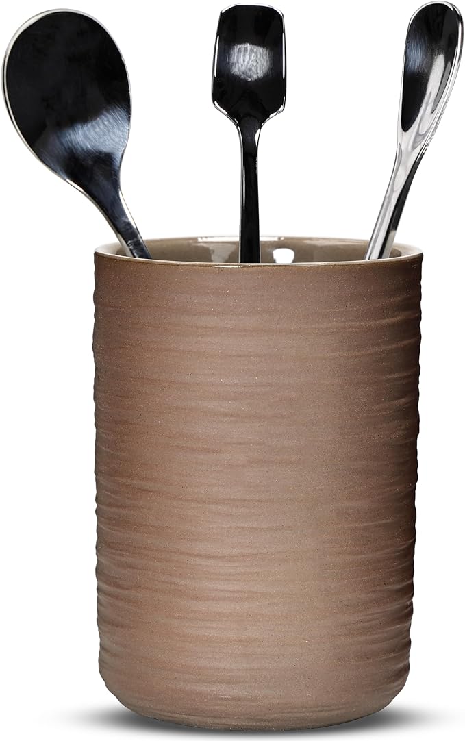Ceramic Spoon Holder for Coffee Bar, Upright Tea Spoon Holder Cup, Coffee Stirrers Straws Stir Stick Holder, Coarse Pottery Silk Stripe