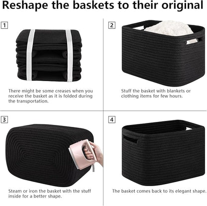 4 Pack Storage Baskets for Organizing Toys, Towels, and Clothes, Woven Basket for Shelves, Sturdy Nursery Cube Bins for Storage, 13''L x9''W x7.8''H, Black