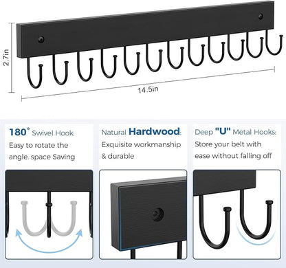 Belt Hanger Wall Mounted, Wooden Belt Organizer Max 12 Storage Capacity, 180° Rotating Space Saving Hangers for Ties, Tank Tops, Scarves, Bras, Keys, Bags 1 Pcs Black
