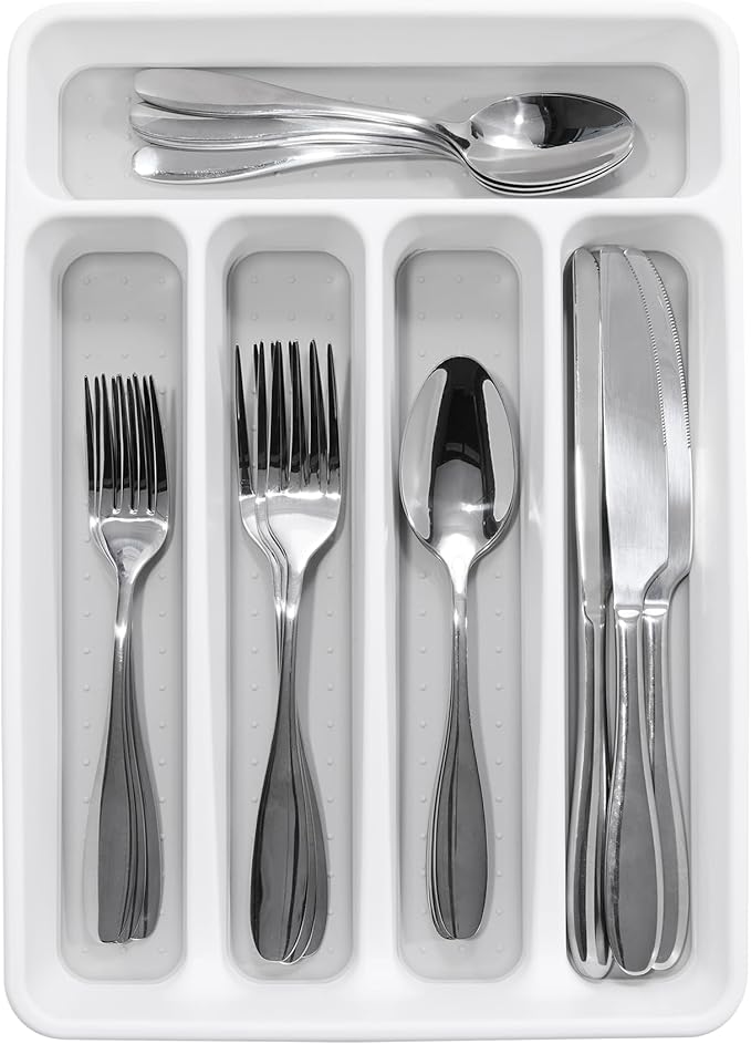 madesmart Small Silverware Tray, Compact 5 Compartment Flatware Organizer for Forks, Knives & Spoons, Non Slip, Soft Grip Lining, Fits Small Drawers, White