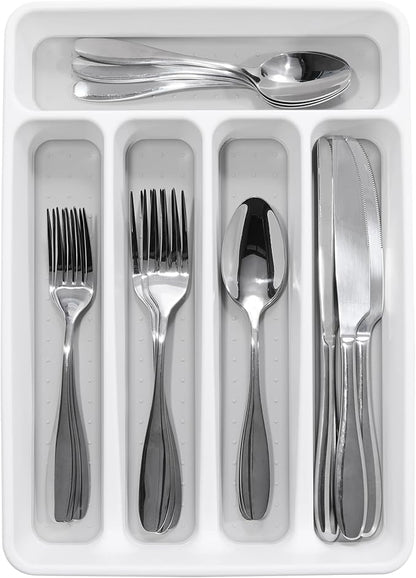 madesmart Small Silverware Tray, Compact 5 Compartment Flatware Organizer for Forks, Knives & Spoons, Non Slip, Soft Grip Lining, Fits Small Drawers, White