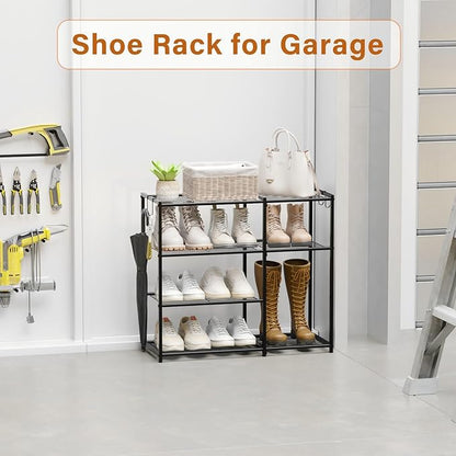 4-Tier Metal Shoe Rack for Entryway Closet, Heavy Duty Metal Shoe Organizer Storage Shelf with Tall Boot Space, Space Saving Free Standing Shoe Tower for Garage Bedroom Hallway, Black
