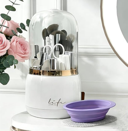 360 Rotating Makeup Brush Holder with Lid Clear Dustproof Make Up Organizers for Vanity Countertop Includes a Foldable Bowl for Cleaning Makeup Brush Transparent Dustproof (White)