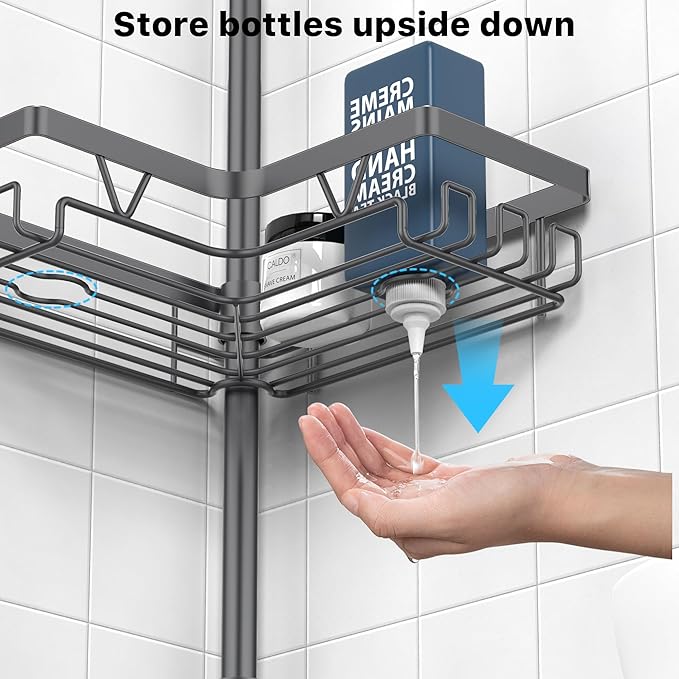 KEGII Corner Shower Caddy Tension Pole - Rustproof Tension Rod Organizer, Floor to Ceiling Shower Caddy 25-114.2 inch, Bathroom Storage Rack Corner Waterproof, Dark Gray