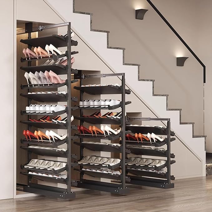 Pull-Out Shoe Rack Organizer for Closet Shoe Cabinet,Adjustable Height Retractable Metal Stackable Shoe Rack, Vertical Shelf Organizer for Small Bedroom Closet, Space Saving Storage, Black(72cm,14 Tie