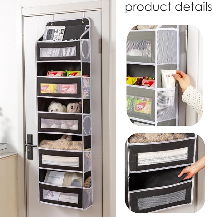 Over The Door Storage Organizer - 5 Shelf Hanging Organizer with 10 Side Pockets, 48 lbs Load Capacity (Anti-Tilt, Clear Windows & Hooks) for Bathroom, Bedroom, Kitchen,Nursery (Black, 1 Pack)