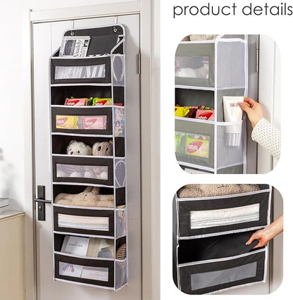 Over The Door Storage Organizer - 5 Shelf Hanging Organizer with 10 Side Pockets, 48 lbs Load Capacity (Anti-Tilt, Clear Windows & Hooks) for Bathroom, Bedroom, Kitchen,Nursery (Black, 1 Pack)