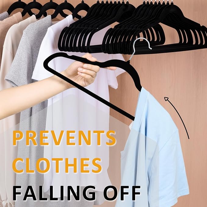 Velvet Hangers, 50 Pack Black Slim Felt Hangers with 360 Swivel Hook, Non-Slip, Heavy Duty for Coats, Pants & Dresses