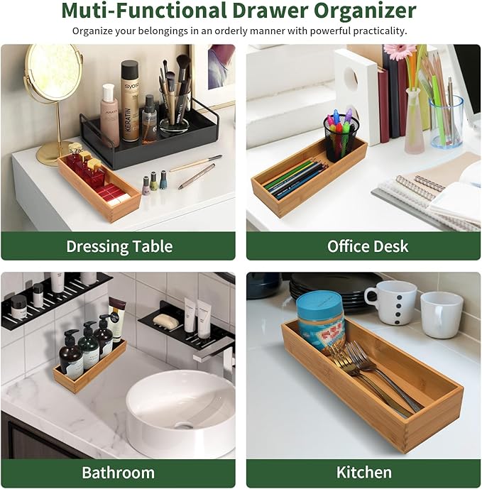 Bamboo Kitchen Drawer Organizer Black Box - Utensil Organizer Silverware Tray Cutlery Holder, Desk Supplies & Accessories, 8"*4"*2"