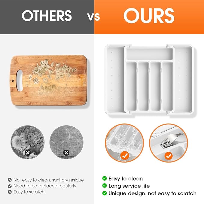 SpaceHacks Silverware Organizer，Adjustable & Expandable Utensil Drawer Organizer, BPA Free Utensil Holder, Cutlery Tray for Forks, Spoons, Knives in Kitchen, Medium, White