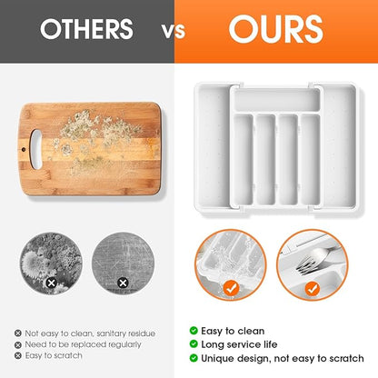 SpaceHacks Silverware Organizer，Adjustable & Expandable Utensil Drawer Organizer, BPA Free Utensil Holder, Cutlery Tray for Forks, Spoons, Knives in Kitchen, Medium, White