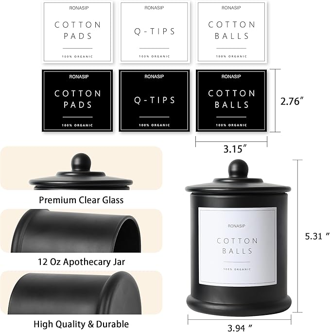 Ronasip 3 Pack Qtip Holder Dispenser, 16oz Bathroom Organizer and Storage Canisters, Glass Apothecary Jars with Lid - Home Decor, Room Decor Aesthetic (Black)