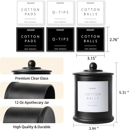 Ronasip Qtip Holder & Cotton Pad Dispenser, Bathroom Organizer and Storage Canisters, 16oz Glass Apothecary Jars for Kitchen, Restroom - Home Decor Accessories, Room Decor Aesthetic (2 Pack, Black)