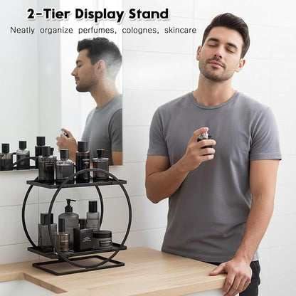 PARBEE Mens Cologne Organizer, 2-Tier Perfume Display Stand Metal Cologne Organizer Display Shelf, Sturdy Makeup Skincare Cosmetic Storage Shelf for Bathroom Countertop