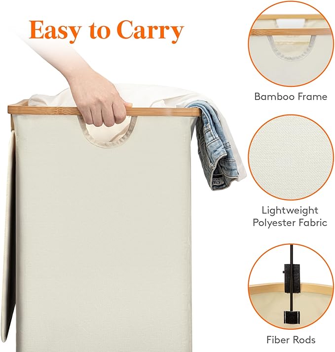Lifewit 150L Double Laundry Hamper with Lid, Large Laundry Basket with Removable Bag & Bamboo Handles, Fodable Tall Dirty Clothes Hamper for Laundry Collapsible Bin for Bathroom Bedroom Dorm, Beige