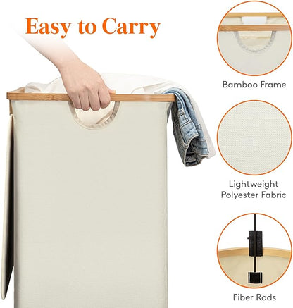 Lifewit 120L Double Laundry Hamper with Lid, Large Laundry Basket with Removable Bag & Bamboo Handles, Fodable Tall Dirty Clothes Hamper for Laundry Collapsible Bin for Bathroom Bedroom Dorm, Beige