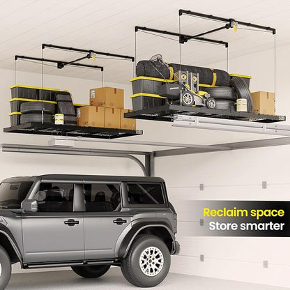 FERO Overhead Garage Storage Rack 4x8, 500 lb Heavy-Duty Capacity, Ceiling Mounted Storage Lift with Safety Lock, Drop Down Overhead Storage System, Garage Ceiling Hoist Organizer