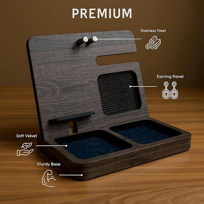 Namore Nightstand Organizer for Women – Wood Phone Docking Station & Jewelry Valet Tray for Phone, Earrings, Wallet & Keys – Unique Gifts for Women, Wife, Mom