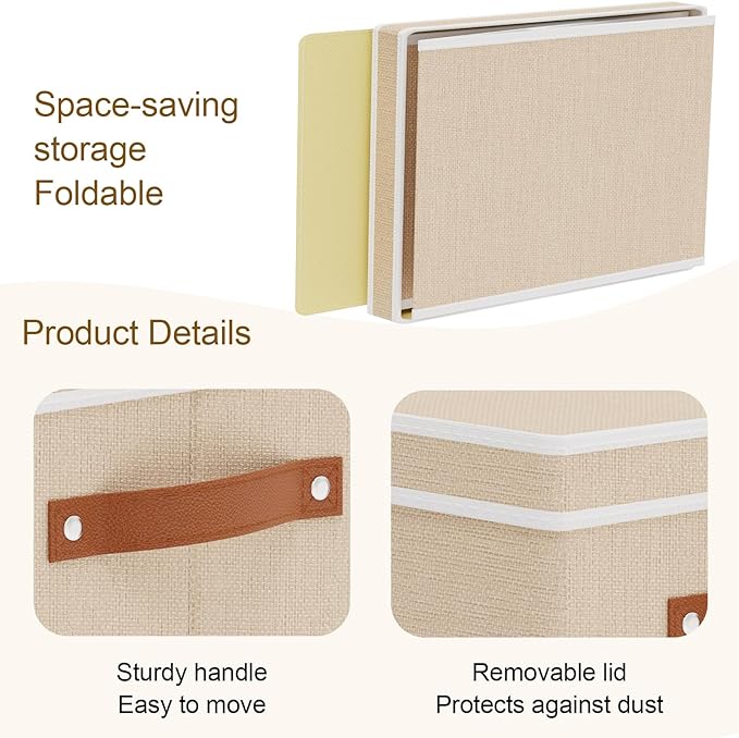 Fabric Storage Boxes with Lids, 10.2×7.8×6.7 Inch Clothes Bins for Shelves, Closet Organizers for Organizing with Handles, Beige, 3-Pack