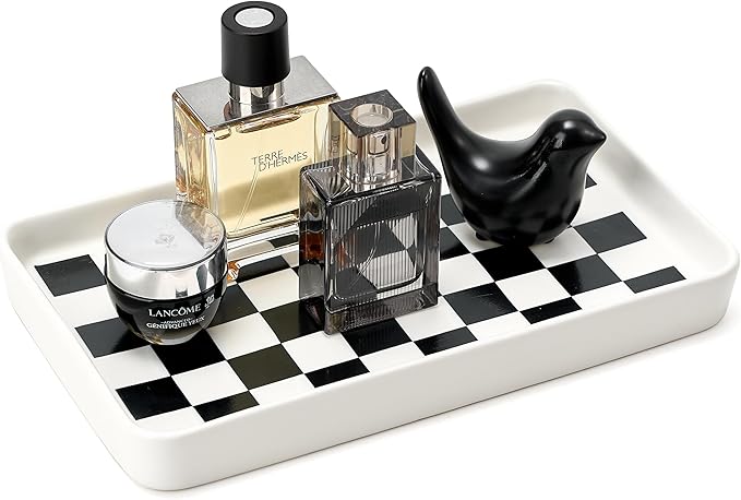 Texture Checkered Surface 10"×6"×1" Bathroom Vanity Tray for Countertop- Ceramic Decorative Organizer Tray for Dresser Top, Toilet, Perfume, Sponge Holder Soap Dish Dispenser for Kitchen Counter
