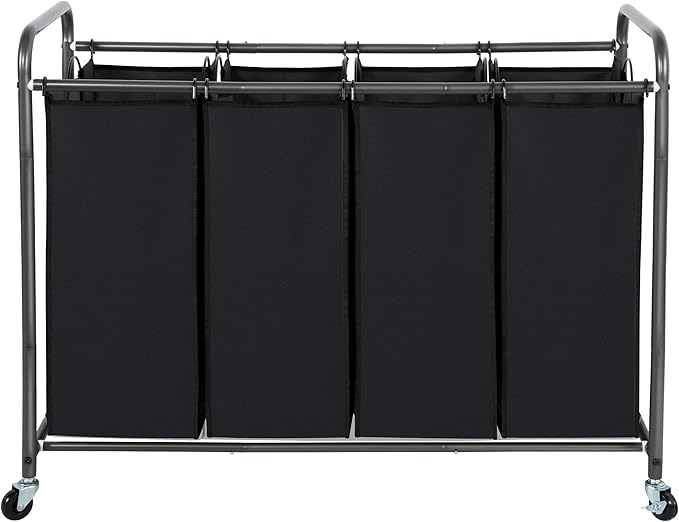STO STO Laundry Sorter 4 Section, 4 Bag Clothes Hamper, Rolling Laundry Cart Basket with Heavy Duty Lockable Wheels and Removable Bag for Laundry Room, Bedroom, Closet, Black