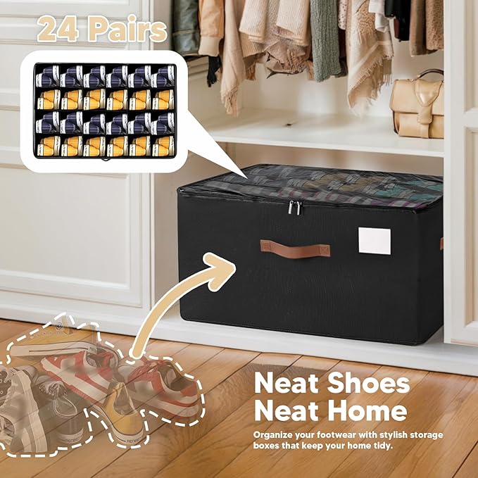 Shoe Organizer for Closet, Large Shoe Storage Box Container with Clear Cover,Foldable Shoe Storage Bins with Adjustable Divider,Space Saving Shoes Box with 4 Handles,Fits 12-24 Pairs (Black, large)