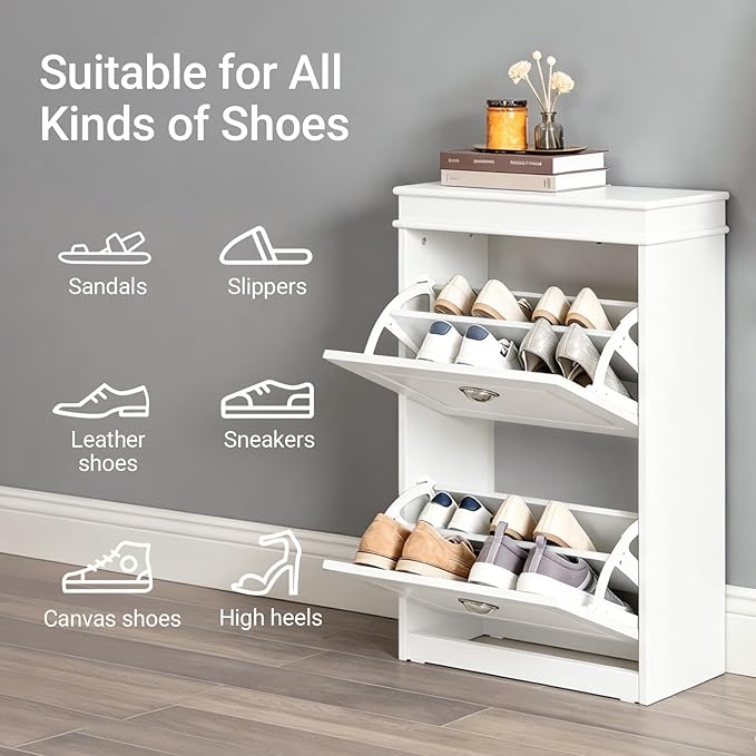 SoBuy Small Shoe Cabinet, Slim Shoe Rack 2 Flip-Drawers, Thin Shoe Storage Cupboard Organizer Unit for Entryway and Hallway, White FSR78-W