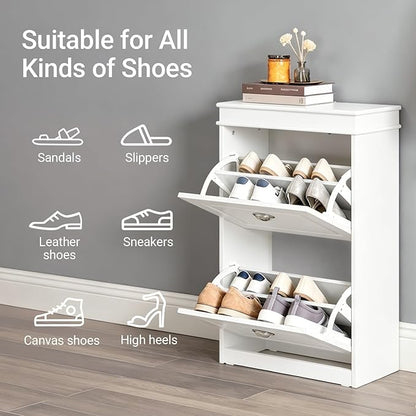 SoBuy Small Shoe Cabinet, Slim Shoe Rack 2 Flip-Drawers, Thin Shoe Storage Cupboard Organizer Unit for Entryway and Hallway, White FSR78-W
