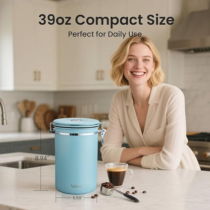Veken Coffee Canister, 39OZ Large, Airtight Stainless Steel Food Storage Container for 2.2lbs Coffee Beans, Ground, Sugar, Tea, Cookie, Flour, Kitchen Bar Accessories with Date Tracker & Scoop, Blue