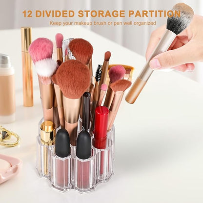 Divided Makeup Brush Organizer 12 Deep Slots Clear Acrylic Cosmetic Brushes Holder and Storage for Eye lines Pencils Toothbrush Lipstick on Bathroom Vanity Bedroom Countertop