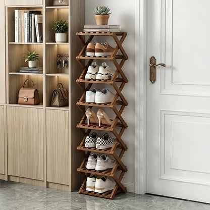 Narrow Shoe Rack, Foldable Bamboo Shoes Shelf for Small Spaces, Multifunctional Vertical Shoe Organizer Tall for Entryway, Closet, Corner, Bedroom, Hallway (Brown, 8 Layers)