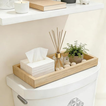Small Bathroom Countertop Tray Set of 4 for Vanity and Toilet Tank, Stackable Desk Drawer Organizer, Wood Color