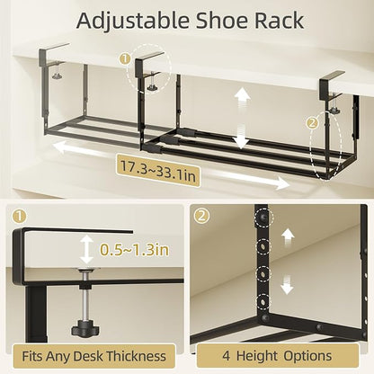 Expandable Shoe Rack Organizer for Cabinet, Adjustable Hanging Under Shelf Storage, Sturdy Round Tube Design, Space Saving Shoe Shelf for Closet, Entryway, Laundry Room, Black