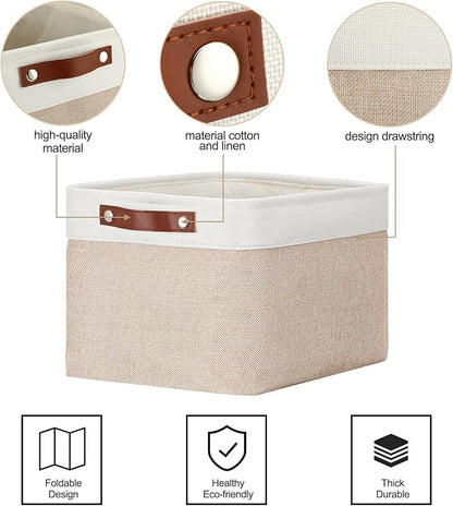 Uiifan 10 Pcs Collapsible Storage Bins Fabric Foldable Storage Basket with Handles Cloth Organizer Linen Shelf Baskets for Shelves Home Closet Nursery Toys(16 x 12 x 10 Inch,Beige and White)