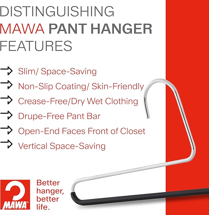 Mawa by Reston Lloyd Reverse Hook Trouser Series Non-Slip Space-Saving Clothes Hanger with Single Rod for Pants, Style KH/35U, 1-Each, Red