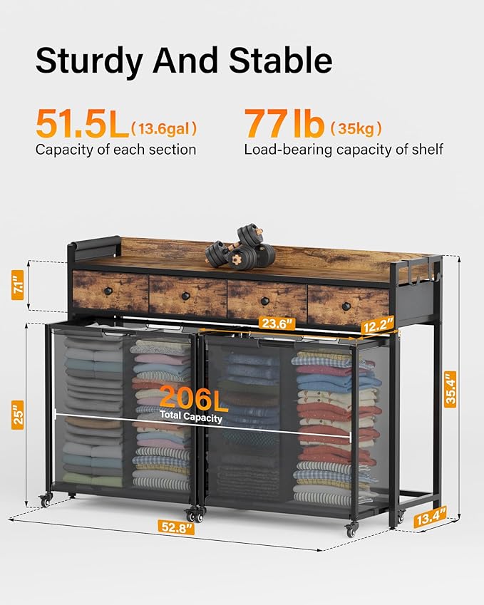 Laundry Sorter 4 Section: Laundry Hamper Basket with Shelf and Wheels - Rolling Laundry Basket Organizer with Fabric Drawers and Pull-Out Cart - Clothes Hamper for Laundry Room Bathroom Bedroom