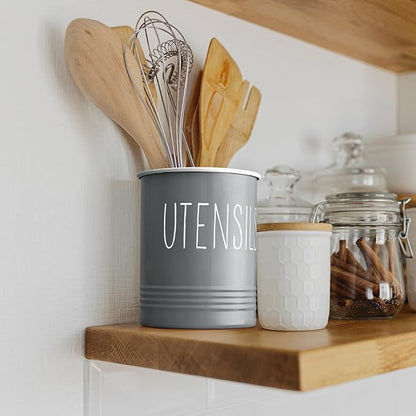Bivvclaz Gray Kitchen Utensil Holder, 6.7" Utensil Holder for Counter, Cooking Utensil Crock with Cork Bottom, Modern Farmhouse Kitchen Decor, Countertop Utensil Storage Organizer Caddy
