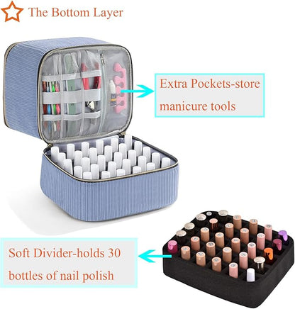 CTWWFS Corduroy Nail Polish Organizer and Nail Lamp Case, Nail Kit Organizer Holds 30 Bottles (15ml - 0.5 fl.oz) and a Nail Lamp, Nail Polish Carrying Case with Manicure Tools Storage Sections (Blue)
