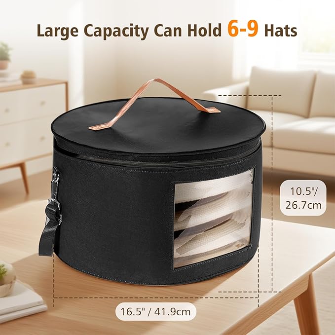 HEAVYWOOD Hat Box for Women Storage Travel Felt Hat Case for Wide-Brim Cowboy Hat Storage Foldable Organizer for Closet Large Round Hat Carrier with Portable Handle Shoulder Strap (Black)