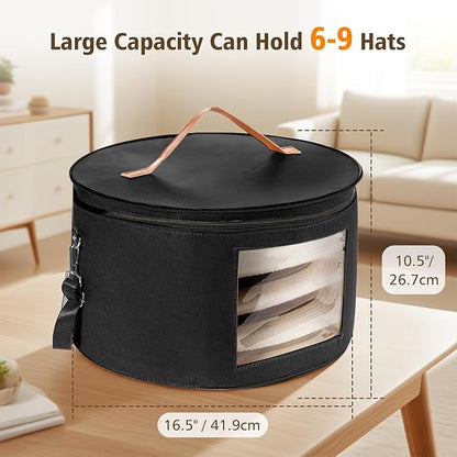 HEAVYWOOD Hat Box for Women Storage Travel Felt Hat Case for Wide-Brim Cowboy Hat Storage Foldable Organizer for Closet Large Round Hat Carrier with Portable Handle Shoulder Strap (Black)