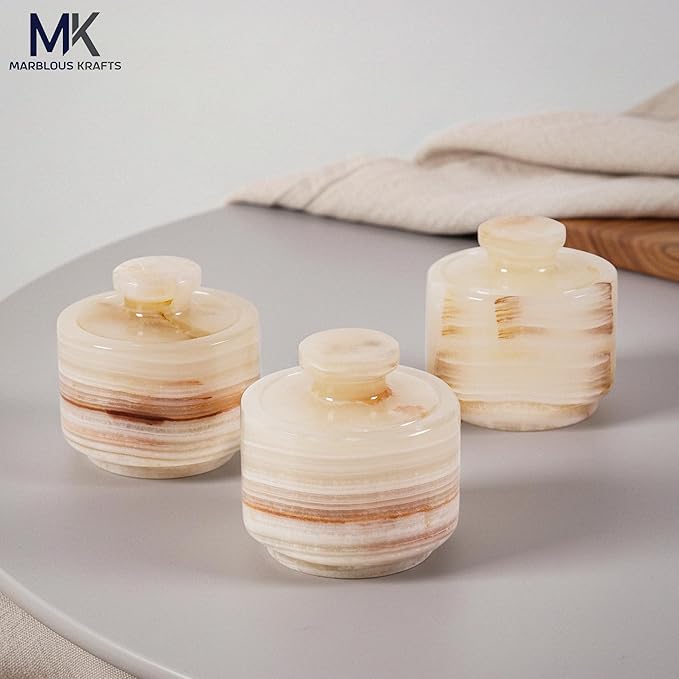 MARBLOUS KRAFTS 3" White Onyx Marble Salt Cellars with Lids, Flaky Salt Holder, Spice Container, Sugar Jar for Countertop, Set of 3 Kitchen Storage Bowls, Perfect Mother’s Day Gift for Her